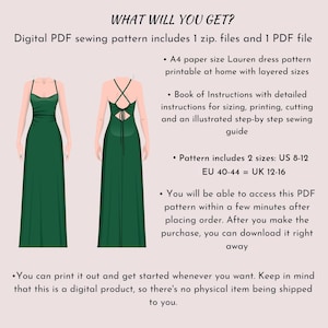 May include: Digital PDF sewing pattern for a Lauren dress. The image shows two illustrations of a long, emerald green dress with spaghetti straps and a crisscross back. The text includes details about the pattern, sizes US 8-12, and instructions.