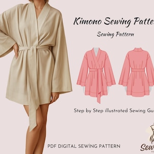 Kimono Robe Dress Sewing Pattern | PDF Digital Sewing Pattern for Women | Loose Fit Belted Kimono | DIY Linen Dress Pattern