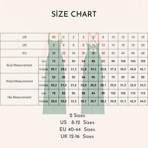 May include: A size chart with measurements in inches and centimeters for bust, waist, and hip. The chart includes US, UK, and EU sizes, with corresponding measurements. The text "SIZE CHART" is at the top.