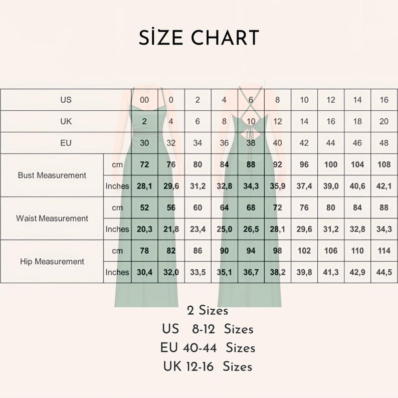 May include: A size chart with measurements in inches and centimeters for bust, waist, and hip. The chart includes US, UK, and EU sizes, with corresponding measurements. The text "SIZE CHART" is at the top.