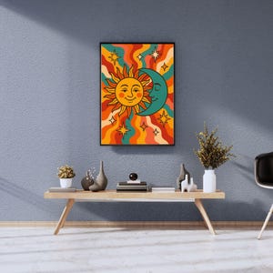 Sun and Moon Harmony Wall Art – Psychedelic Celestial Print, Retro Stars Decor, Trippy Boho Poster, Digital Download, Sun Moon Aesthetic