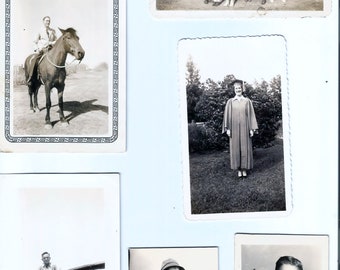 Lot of (6) Old black and white photographs, Vintage photo of man and horse, Vintage photo of graduation 1940s or 50s, Free Shipping