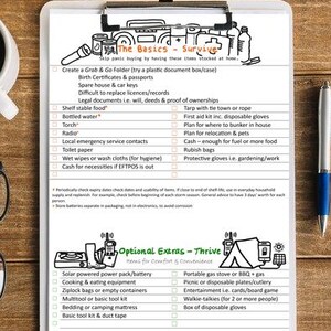 Può includere: Un appunti bianco con un elenco di controllo intitolato "The Basics - Survive" e "Optional Extras - Thrive" su una superficie di legno. Una tazza di caffè, occhiali e una penna sono anche sul tavolo. L'elenco include elementi per la preparazione alle emergenze.