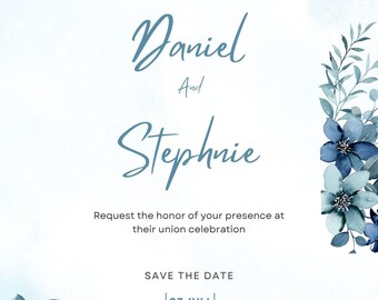 Blaue Blumenhochzeitseinladungs-Vorlage | Bearbeitbarer digitaler Download | Druckbare Aquarell Hochzeitseinladung