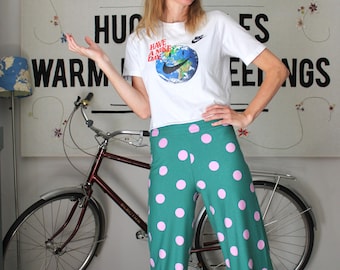Pantalones de salón de pierna ancha de punto elástico para mujer con estampado de lunares verdes y rosas
