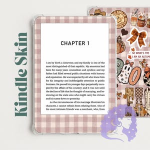May include: A Kindle skin featuring a light pink and white gingham pattern. One side displays a page of text titled CHAPTER 1, while the other side is decorated with various autumn-themed stickers, including coffee cups, a ghost, a pumpkin, and cowboy boots.