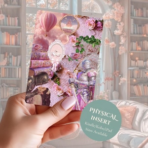 May include: A rectangular card featuring a collage of pink-toned imagery including a hot air balloon, a castle illustration, roses, handwritten script, and a knight in armour holding a sword. A circular teal overlay displays the text PHYSICAL INSERT.