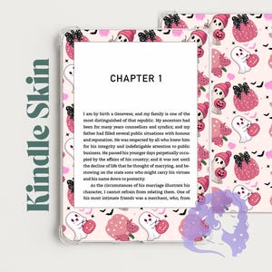 May include: A Kindle skin featuring a repeating pattern of white ghosts, pink polka-dot pumpkins, and small black bats on a light pink background. The skin is shown applied to a device displaying Chapter 1 text, with the text Kindle Skin visible.