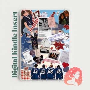 May include: A clear Kindle case featuring a collage insert with a blue and red plaid background. The design includes images of couples, hockey players in jerseys numbered 44, 22, 66, and 46, star shapes, hearts, and text snippets from the Off Campus series.
