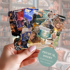 May include: A collection of rectangular cards featuring collage-style artwork with fantasy illustrations, text excerpts, and decorative elements. The cards display various characters, landscapes, and quotes, including the text "You do not yield."