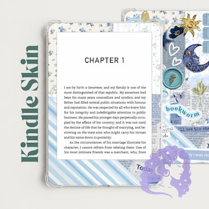 May include: A clear Kindle skin featuring a collage of blue and white elements, including a crescent moon, a gold sun, bows, and text snippets. The design incorporates floral patterns, striped sections, and vintage-style newspaper clippings.