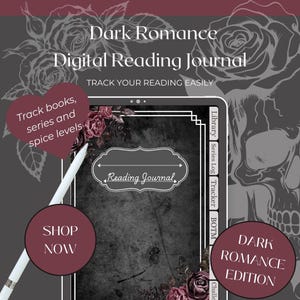 Puede incluir: Diario de lectura digital con el texto "Dark Romance" y "Digital Reading Journal". La imagen presenta una tableta con un fondo oscuro, detalles florales y las palabras "Track books, series and spice levels".