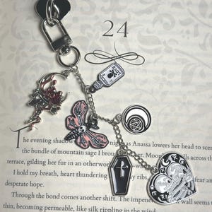 Op de afbeelding: Een zilveren sleutelhanger met diverse bedels, waaronder een hartvormige sluiting, een fles met het woord "LOVE", een doodskist, een vlinder met een schedel en een hart met skeletten. Het nummer 24 is zichtbaar op de achtergrond.