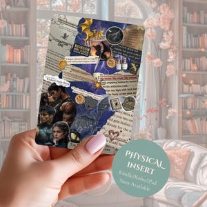 May include: A rectangular card featuring a collage of text excerpts, illustrations of dragons, and portraits of two people. The design includes gold accents, small circular icons, and text snippets such as Chapter One, Riorson Wing Leader, and Xaden Riorson.