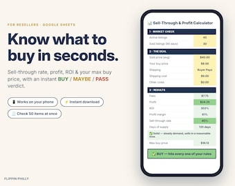 May include: A digital Sell-Through & Profit Calculator for Google Sheets displayed on a smartphone screen. The interface shows market check data, deal details, and results including profit, ROI, and a buy verdict. Text includes Know what to buy in seconds.