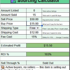 Puede incluir: Un calculador de abastecimiento verde y blanco con una tabla que muestra la cantidad listada, la cantidad vendida, el precio de venta, el precio de compra, el tipo de envío, el costo de envío, el costo de la comisión, la ganancia estimada, el ROI%, el porcentaje de venta y la venta agotada. El calculador muestra que el artículo se está agotando más rápido de lo que se está listando.