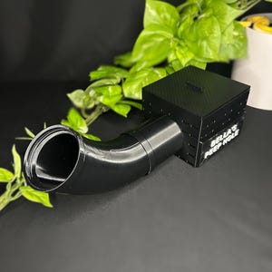 Puede incluir: Un escondite negro para reptiles con una entrada curva y una parte superior cuadrada. El escondite tiene el texto "Bella's Peep Hole" en el lateral. Plantas verdes y una maceta blanca con una serpiente amarilla en el fondo.