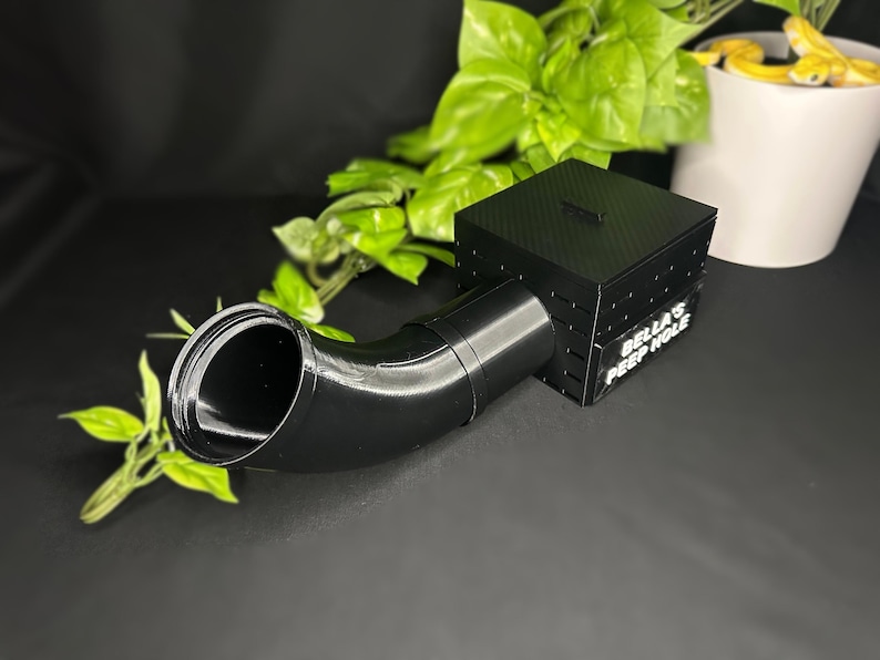 May include: A black reptile hide with a curved entrance and a square top. The hide has the text "Bella's Peep Hole" on the side. Green leafy plants and a white pot with a yellow snake are in the background.