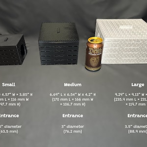 May include: Three storage boxes in varying sizes. The small box is black, 4.76" L x 4.57" W x 3.85" H, with a 2.5" diameter entrance. The medium box is black, 6.69" L x 6.54" W x 4.2" H, with a 3" diameter entrance. The large box is white, 9.29" L x 9.13" W x 4.71" H, with a 3.5" diameter entrance.