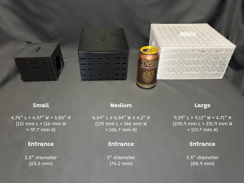 May include: Three storage boxes in varying sizes. The small box is black, 4.76" L x 4.57" W x 3.85" H, with a 2.5" diameter entrance. The medium box is black, 6.69" L x 6.54" W x 4.2" H, with a 3" diameter entrance. The large box is white, 9.29" L x 9.13" W x 4.71" H, with a 3.5" diameter entrance.