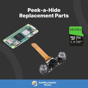 May include: Image of Peek-a-Hide Replacement Parts. The image shows a green circuit board, a camera module, and a 256GB micro SD card. The SD card is labeled KEXINA, micro V30, XC I, and U1 256GB.