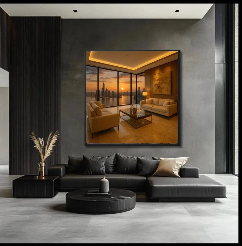 Luxury Penthouse Wall Art – Sunset City View, Champagne & Marble ...