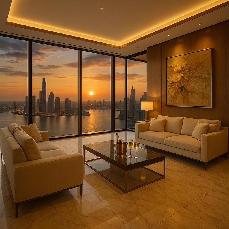 Luxury Penthouse Wall Art – Sunset City View, Champagne & Marble ...