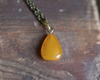 Opaque yellow Amber bead on brass chain - Genuine baltic amber necklace, boho pendant