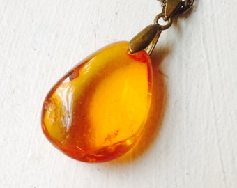 Golden Amber pendant orange amber Drop on Vintage copper chainmaille chain, beautiful amber Talisman Necklace