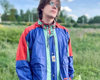 Giacca a vento vintage anni '90 color-block verde e rossa Agu Sport Holland taglia L XL