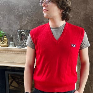 Italian 1980s Wool Cricket Tennis Sweater Vest Red Renzo Cesare size M L