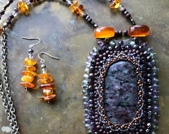 Purple Charoite and Amber beaded pendant Fluorite and vintage Amber statement necklace and Earrings Amber  beadwork neckpiece