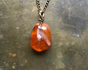 Orange Amber Pendant, Beautiful glowing orange polished Baltic amber pendant on prolonged brass chain