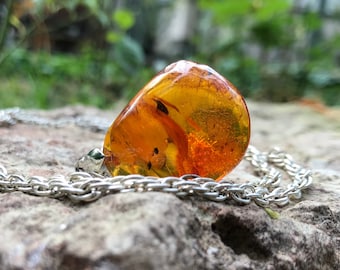 Baltic Amber Red Liquid Honey Golden Teardrop pendant on chain glowing Sparkling amber drop necklace