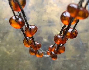 Amber Necklace 1970ies Amber Drop necklace on silver color chain Amber cascade Necklace