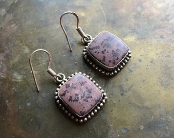 Rhodonite and Silver rectangle chunky earrings - beautiful handworked silver and pink rhodonite Earrings