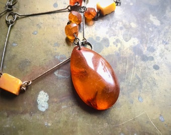 Beautiful Orange Amber pendant on metalwork chain Amber dangle and amber square bead necklace