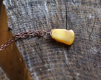 Opaque yellow Amber bead on copper chain, Natural baltic amber necklace, boho pendant