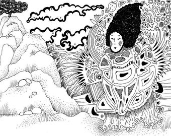 Japanese style deocrative folk tale hand drawing print - 4676x3306 Pixel - printable art - japan - anime - black white - Instant download