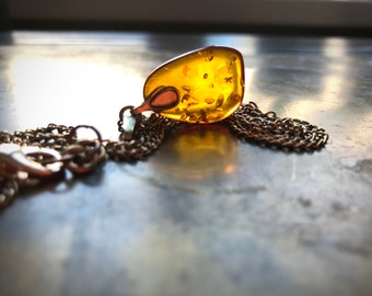 Baltic Amber Golden Orange Sparkly pendant on brass chain glowing amber pendant necklace