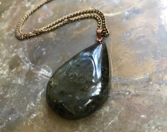 Labradorite Drop Pendant -beautiful huge labradorite drop necklace Dark green blue