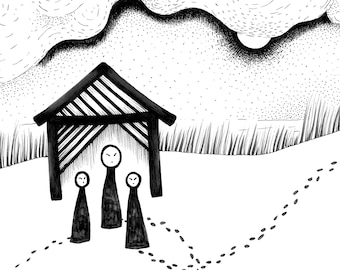 Japanese folk tale hand drawing print - 4676x3306 Pixel - printable art - japan - anime - black white - graphic- Instant download