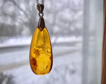 Baltic Amber Golden Liquid Honey long  Teardrop pendant on silver colour chain glowing amber drop necklace