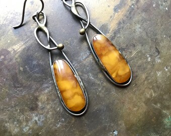 Baltic Amber metalwork earrings Elvish dreamy long amber earrings, boho earrings, real amber