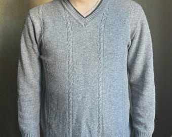 Jersey de lana nueva austriaca, jersey de punto trenzado para hombre, gris, cuello en V, talla M