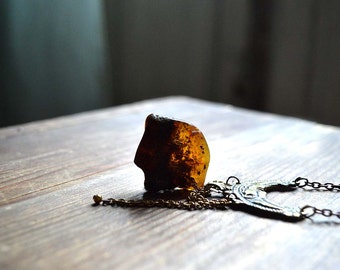 Raw Baltic Amber and Bronze Moon Necklace - brown Amber pendant, chain tassel and ornamented Folk style moon necklace