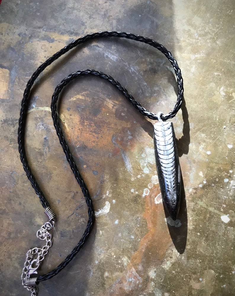 Ammonite Dagger Necklace tribal Unisex amulet Fossil stone pendant on Leather cord image 2