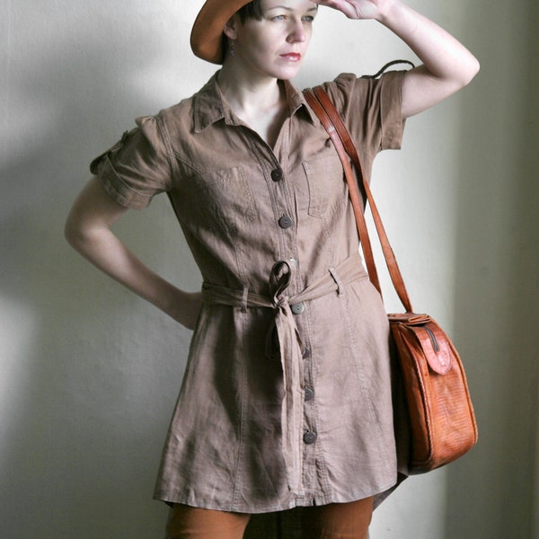 30% sale code SUMMER - Linen cotton Light Brown ochre summer button up boxy Tunic Dress with Belt size M
