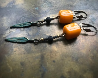 Egg yolk glass bead and Oxidized metal feather dangle earrings Ethnic Long earrings