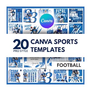 Può includere: Una collezione di 20 modelli sportivi Canva in blu e bianco, con giocatori di football e grafiche del giorno della partita. I modelli includono il testo "Canva Sports Templates" e "Football".
